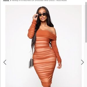 Ready In a Ruched Off Shoulder Midi Dress